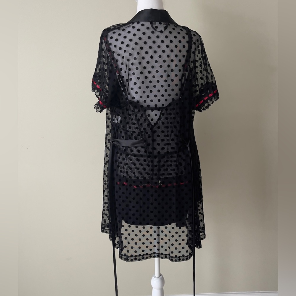 Linea Donatella Black Sheer Polka Dot with Red Accent Set of babydoll and Kimono - Picture 3 of 7